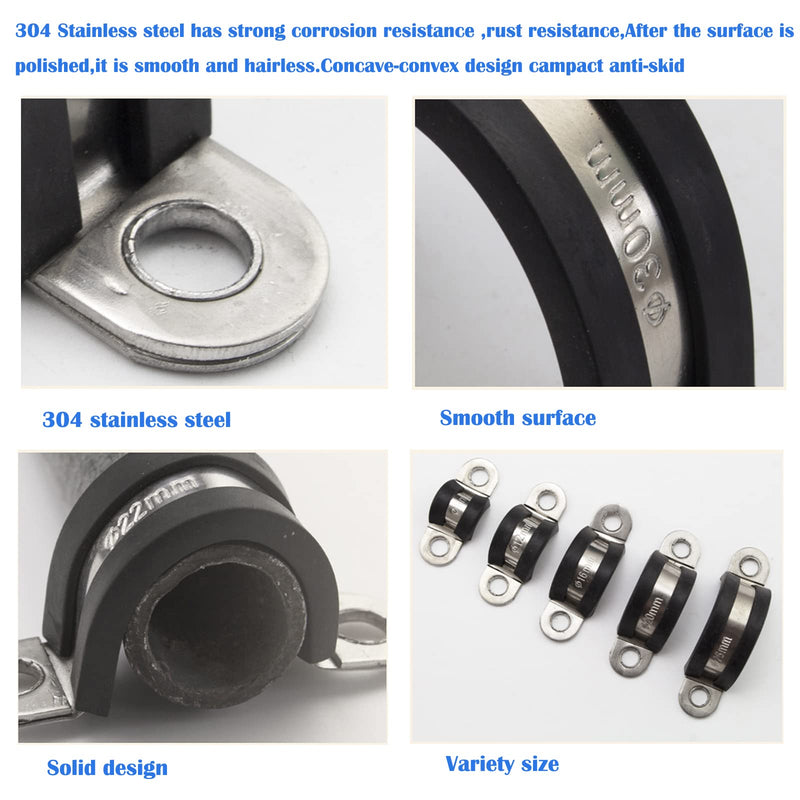 [Australia - AusPower] - 10pcs 30mm 2 Hole U-Tube Strap Clamp, 304 Stainless Steel with EPDM Rubber Lined Clip, Double-Layer Gaskets Rubber Cushioned Insulated Clamp for Tube, Pipe or Wire Cord Installation 30mm(1.19inch) 