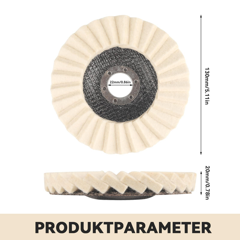 Pack of 5 Polishing Discs 125 mm, 22.2 mm Wool Felt Polishing Attachment Angle Grinder, Abrasion-Resistant and Safe Glued, Polishing Discs for Sanding and Polishing Paint, Stainless Steel, Wood and Plastic