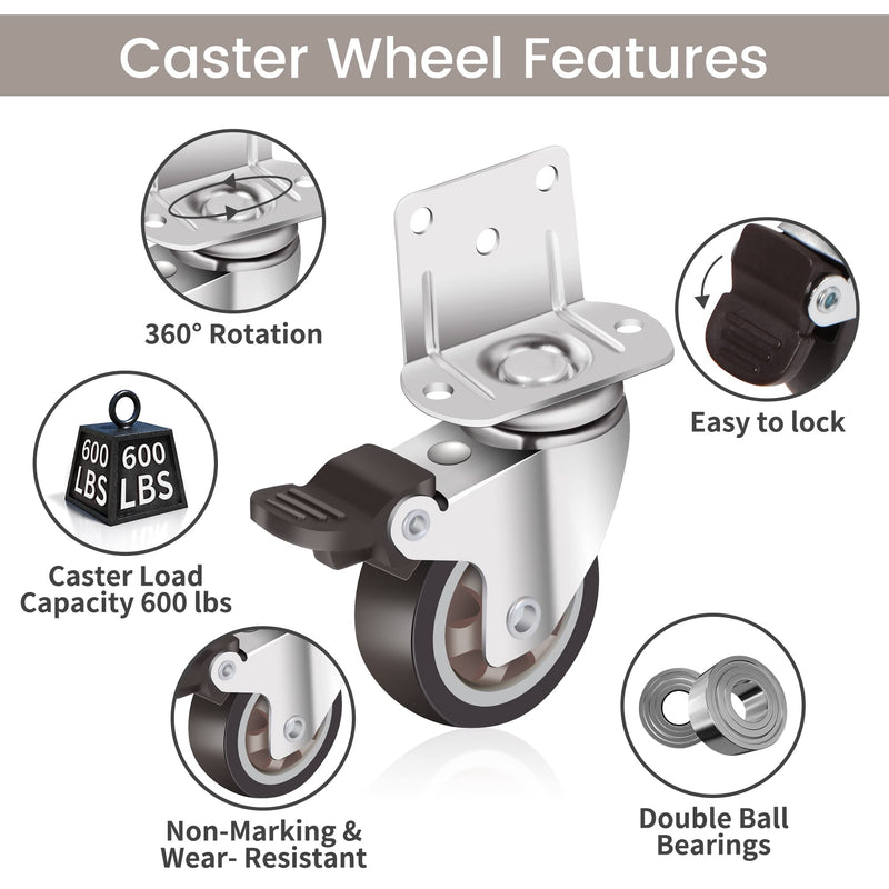 [Australia - AusPower] - Nefish Side Mount Casters 2 Inch L-Shaped Small Rubber Caster Set of 4, Ball Bearing 360 Degree Plate Swivel Castors Wheel 600 LBS, Casters Wheels for Furniture, Baby Bed, Kitchen, Cabinet, Table 2 Inch L-shape Casters 