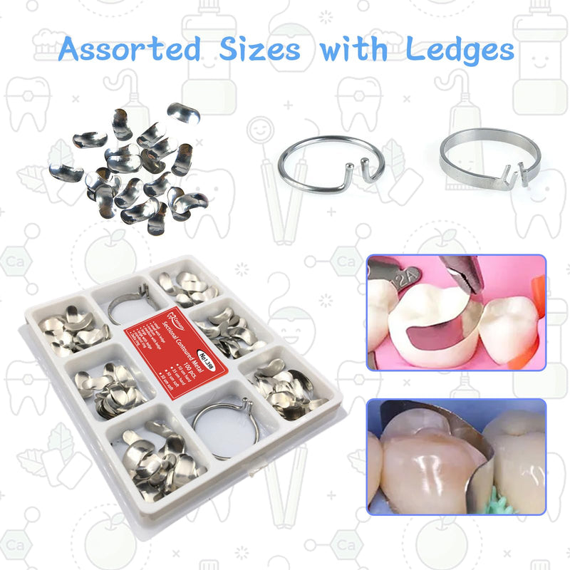 [Australia - AusPower] - 100 Pieces Stainless Steel Sectional Contoured Metal Dental Matrices Kit with Ledges, 0.035mm Thickness, Assorted Sizes Soft Metal Bands for Molar and Premolar Restorations - Dental Matrix System Kit 