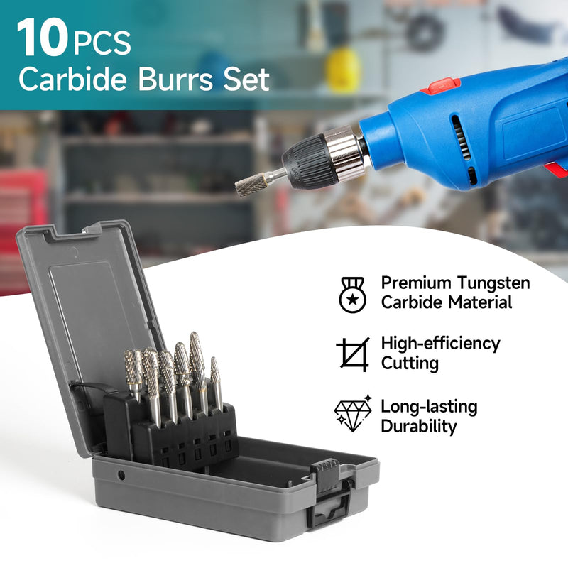 [Australia - AusPower] - 10PCS 1/4'' Shank Carbide Burrs Set Double Cut Solid Power Tools TC Rotary Files Bits for Die Grinder Metal Wood Concrete Plastic Grinding Carving Engraving Drilling Polishing Cutting 