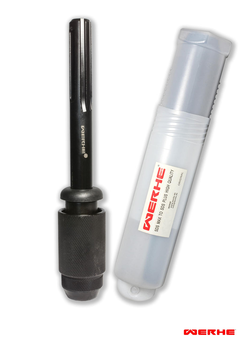 WERHE SDS-Max to SDS-Plus Adapter Chrome Vanadium Steel for Hammer Drills | Sandblasted surface, rust protection, tool-free assembly, rubber protection, for drills, chisels, core drills, length 25 cm Adapter Sds Max to SDS Plus
