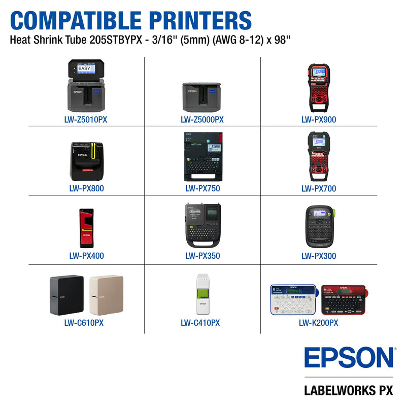 Epson LABELWORKS 205STBYPX Tape Cartridge - Black on Yellow Shrink Tube Industrial Label Maker Tape - AWG 8-12, 3/16" (5MM) Wide, 8 ft (96") 5MM(8-12AWG)