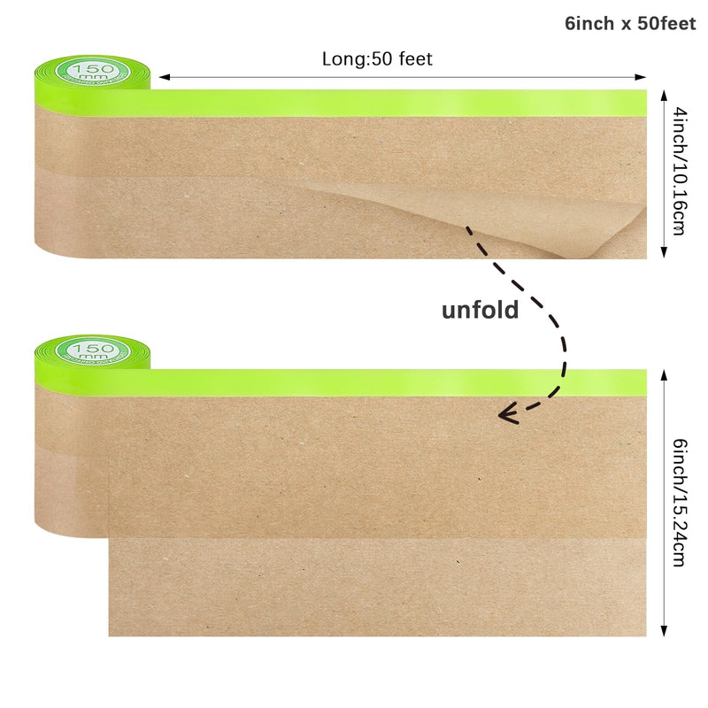 4 Rolls Pre-Taped Masking Paper for Painting - 6 inch x 50 feet Tape and Drape Painters Paper, Paint Adhesive Protective Paper Roll for Covering Skirting, Frames, Cars and Auto Body