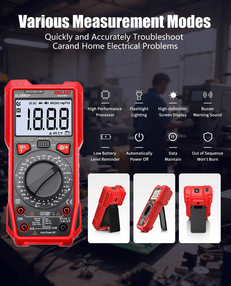 [Australia - AusPower] - DELIXI Digital Multimeter, Manual Range Tester with High Accuracy Measures Voltage, Current, Resistance, Capacitance, NCV, Dual Ceramic Fuses Included 890d 