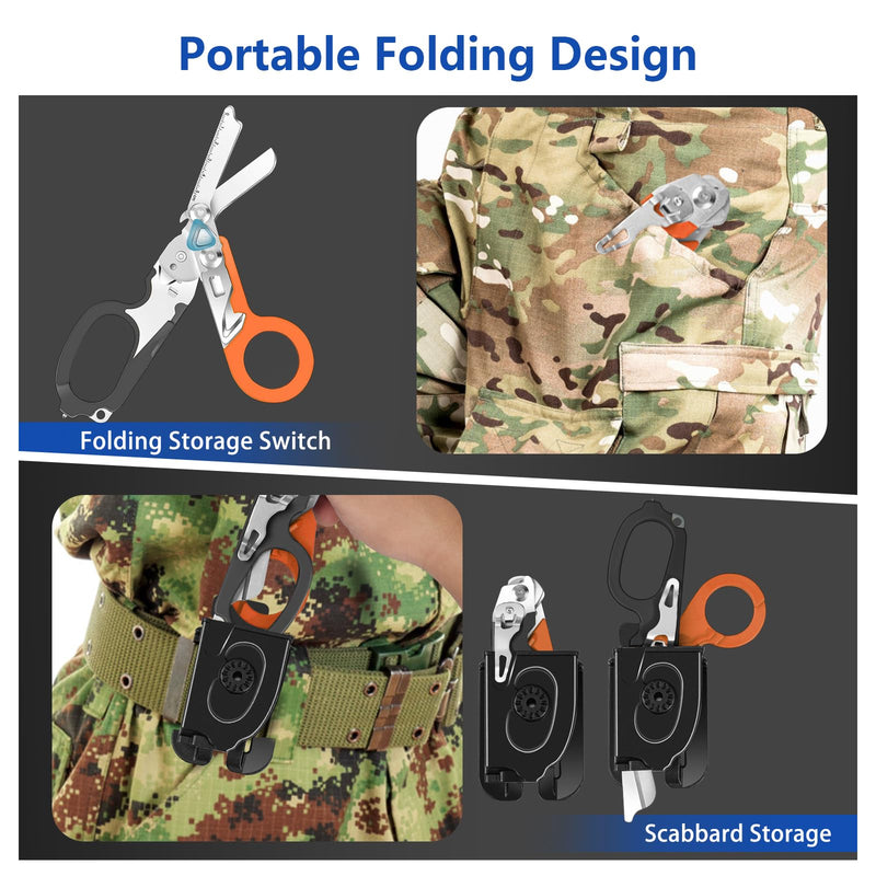 LEEPENK 6 In 1 Multi-function Foldable Emergency Response Shears With Strap Cutter and Glass Breaker, Outdoor Camping Emergency Scissors Tools With Holster ，Black-Orange Trauma Shears Black-orange