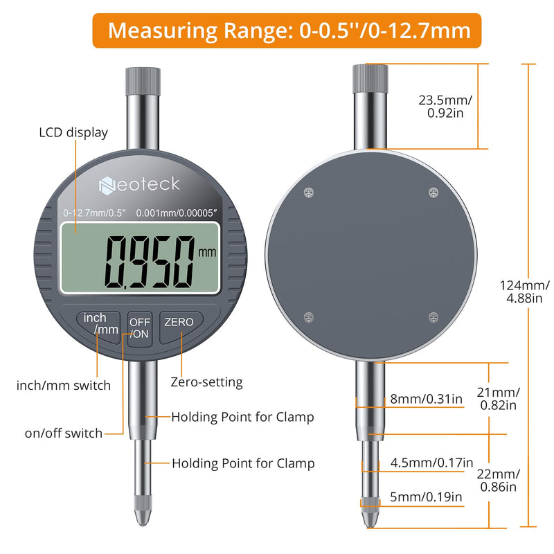 [Australia - AusPower] - Neoteck DTI Digital Dial Indicator 0.5 inch/12.7mm, High Resolution: 0.00005 inch/ 0.001mm, Digital Probe Indicator Dial Test Gauge Silver Gray 0-0.5''/0.00005'' 