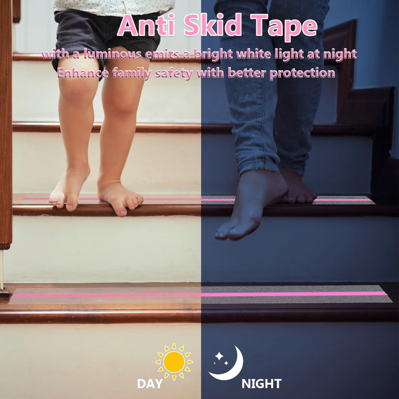 ONTWIE Anti Slip Tape, Clear Glow in The Dark Traction Grip Tape, 2 Inch x 32.8ft Waterproof Indoor/Outdoor, Non Slip Stair Treads Safety Tape(Clear with a line of Glow,Pink, 2" Width) clear with a line of glow,Pink