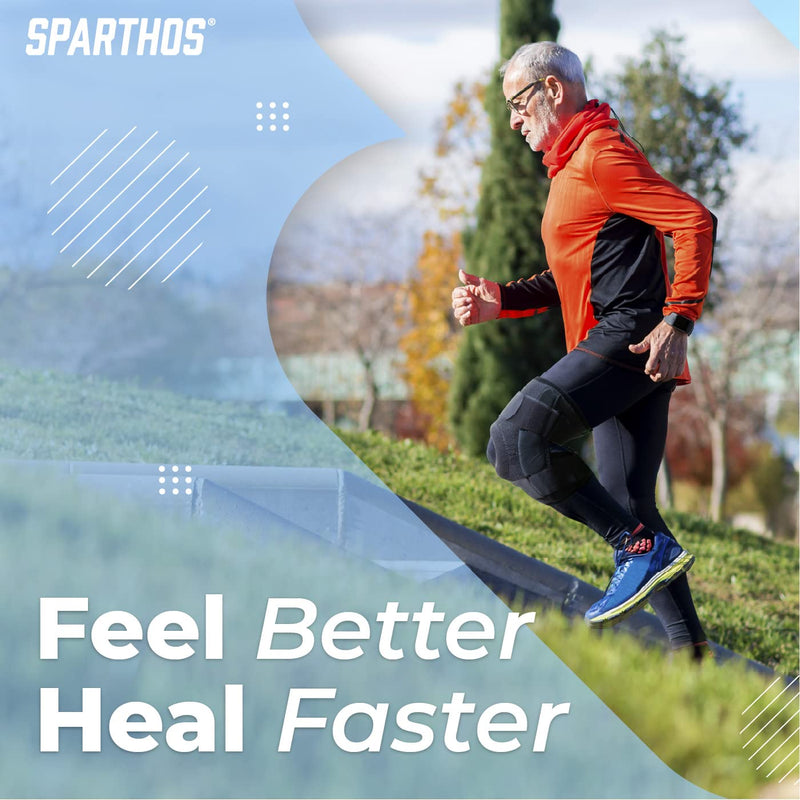 [Australia - AusPower] - Sparthos Hinged Knee Brace - Relieves ACL, MCL, Meniscus Tear, Arthritis, Tendon Pain - Open Patella Design with Dual Metal Side Stabilizers - Support for Running, For Men and Women (Large) Gray/Black Large 