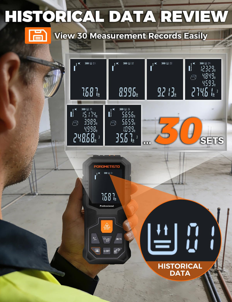 Laser Measure Tool (262ft/80m, ±2mm) with Tripod Mount and Angle Sensor | POROMETISTO 12 Modes（ Angle, Area, Volume, Pythagorean）Handheld Laser Distance meter for Home Construction 80M/262FT
