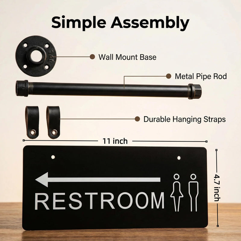 Double Sided Restroom Sign with Arrow, Wall Mount Unisex Bathroom Directional Sign with Metal Pipe Rod, Black, 11x4.7 Inch, Easy Install with Hanging Straps for Business Office & Public Hallway Bathroom (Black, Restroom)
