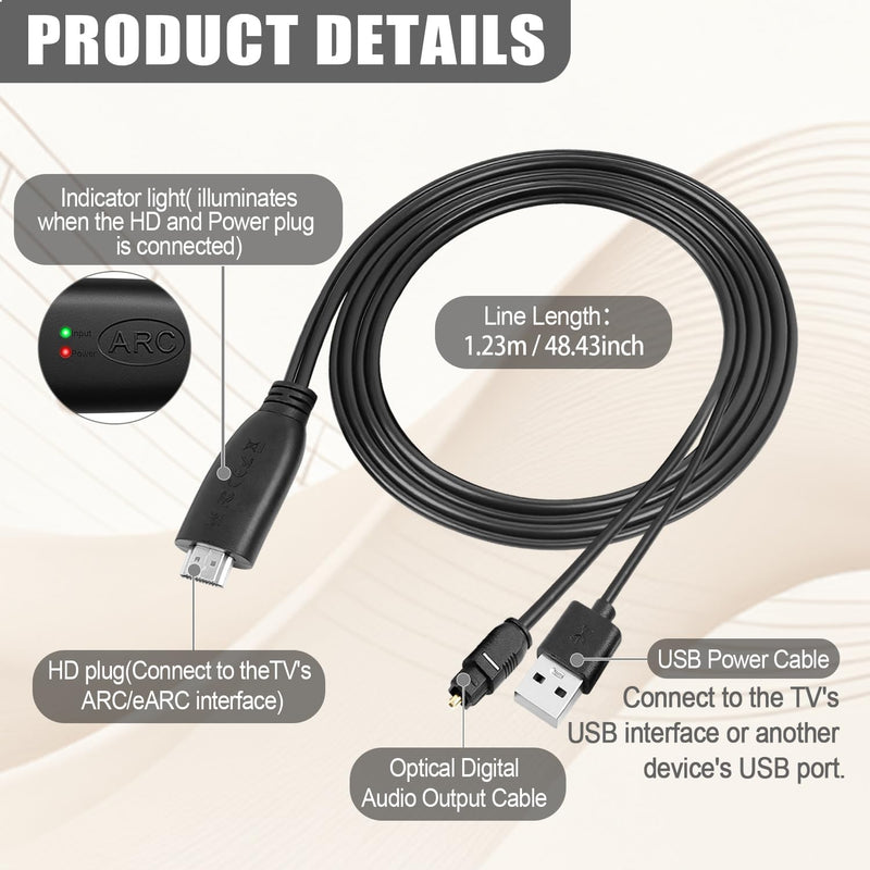 192KHz HDMI ARC/eARC to Optical Audio Adapter, HDMI ARC Cable for Soundbar to TV, Plug & Play Optical Audio to ARC Converter, Optical Audio Splitter Extractor Support for PCM/Dolby 5.1/DTS 5.1[No CEC]