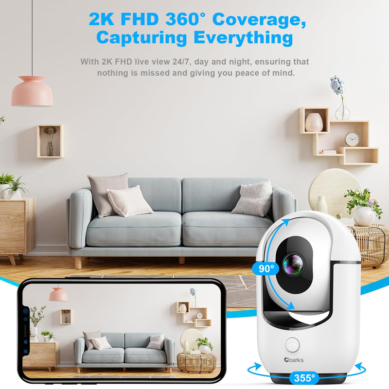 [Australia - AusPower] - 2K Pan/Tilt Security Camera, WiFi Indoor Camera for Home Security with AI Motion Detection, Baby/Pet Camera with Phone App, Color Night Vision, 2-Way Audio, 24/7, Siren, TF/Cloud Storage white 