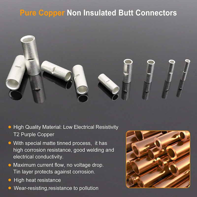 [Australia - AusPower] - 380 PCS Non Insulated Butt Connectors Kit,Butt Splice Connectors,Non-Insulated Wire Connectors for 26 to 6 gauge Wire Marine Grade Tinned Copper Crimp Butt Splice Uninsulated Butt Terminals 6-26 AWG Assortment Kit-380pcs 