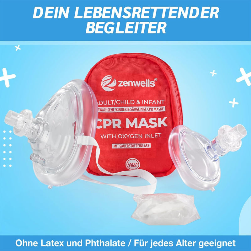 CPR Respiratory Mask First Aid Set for Adults / Children and Infants - Pocket Mask in Soft Case (Red) with Self-Valve and Oxygen Inlet