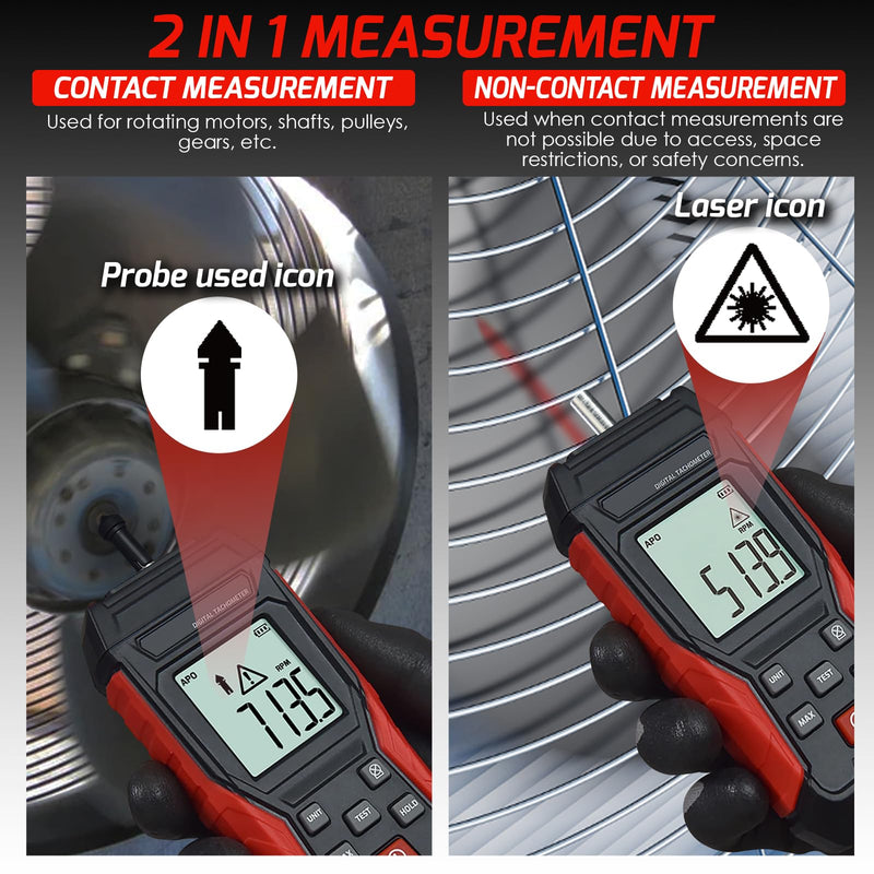 [Australia - AusPower] - Digital 2-in-1 Tachometer Noncontact Laser Photo Sensor 3~100000RPM and Contact 3~19999RPM Meter RPM Gauge Tester Professional MAX/MIN/Hold Data, Handheld Car Engine Tool 