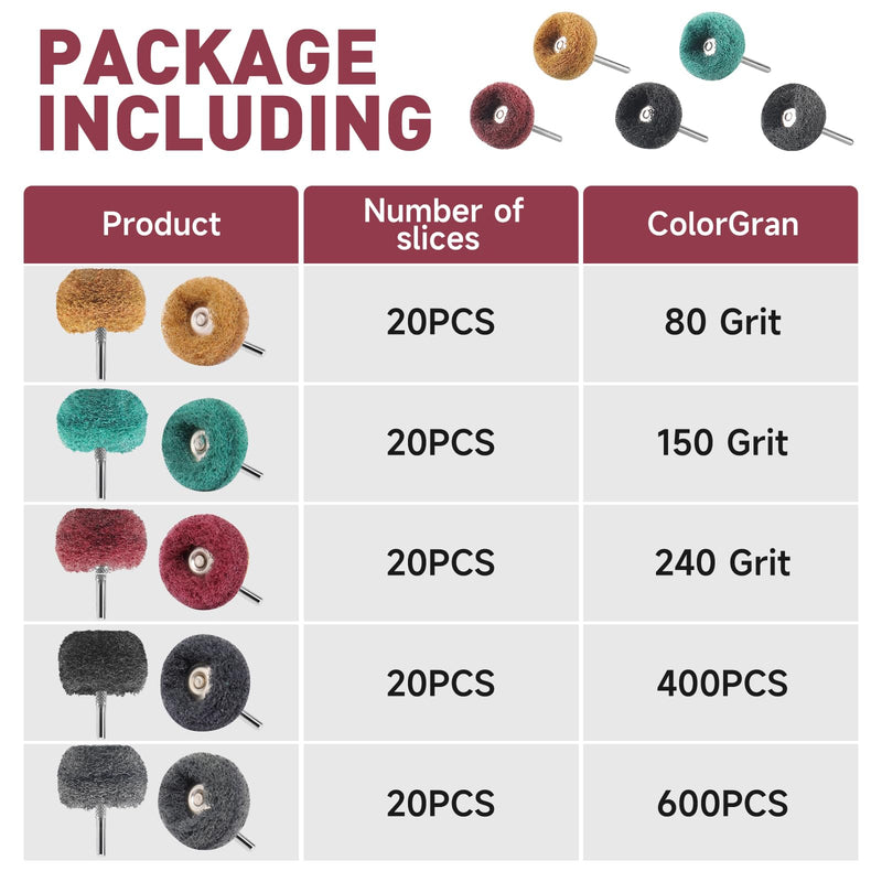 [Australia - AusPower] - 100 PCS Abrasive Buffing Wheels,1 Inch Buffing Polishing Wheel Set for Rotary Tool Accessorie 1/8'' (3mm) Shank, 80 150 240 400 600 Grits for Metal,Wood, Rust Removal Mix Color 100pcs 