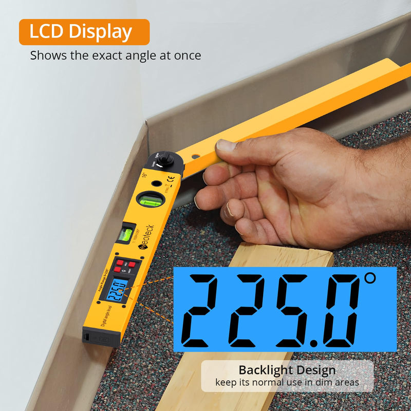 [Australia - AusPower] - Neoteck 225° 16 inch Digital Angle Finder Aluminum Protractor with LCD Backlight Digital Angle Measuring Tool with Horizontal and Vertical Bubble for Woodworking, Construction, Machinery - Golden Gold 