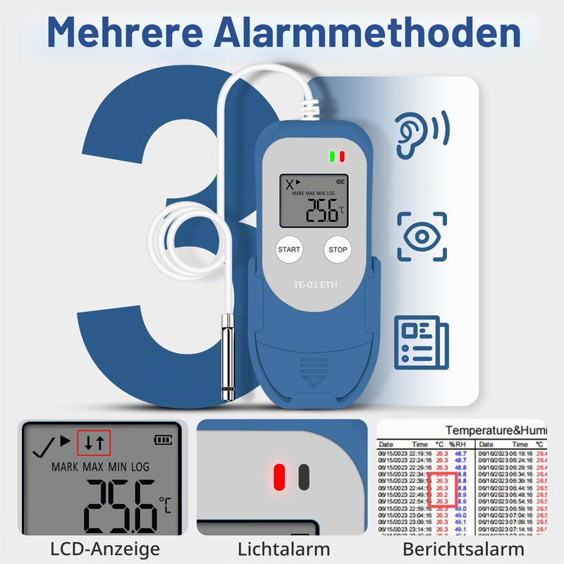 ThermElc TE-03 ETH External Data Logger Temperature Humidity with External Probe, MKT Calculation, 32,000 Points, Automatic PDF/CSV Creation, Reusable USB Recorder for Laboratories TE-03 ETH 1PCS