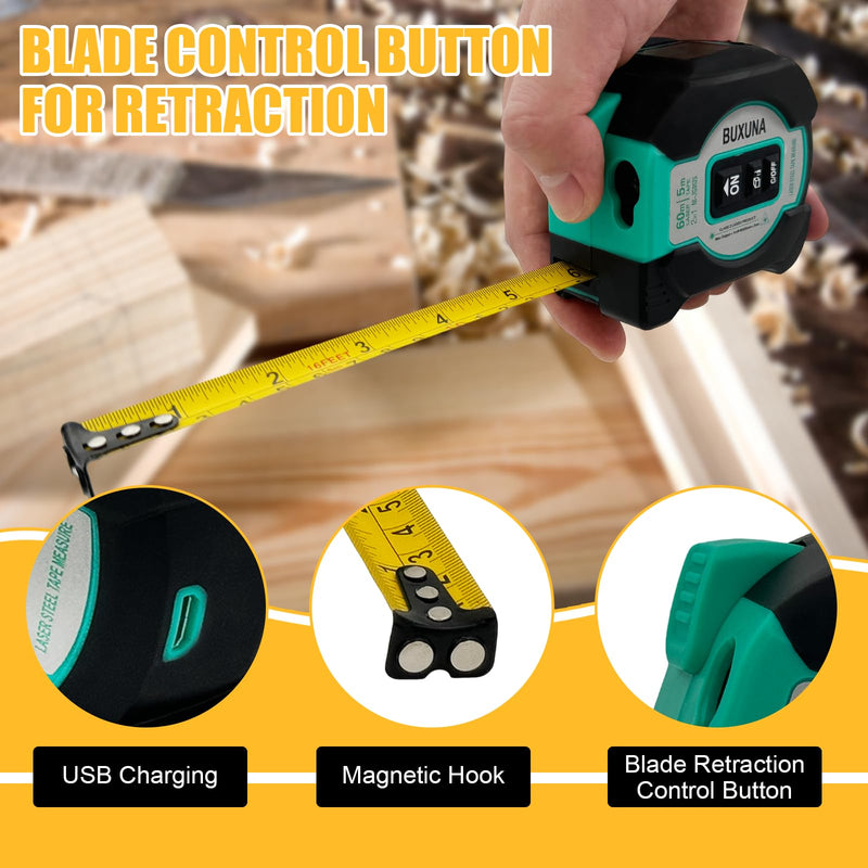 2-in-1 Laser Tape Measure, Digital Tape Measure, 197 Ft Laser Tape Measure & 16 Ft Tape Measure with LED Display, Autolock, Ft/in/M Unit Switch, Measure Area, Volume, Pythagorean