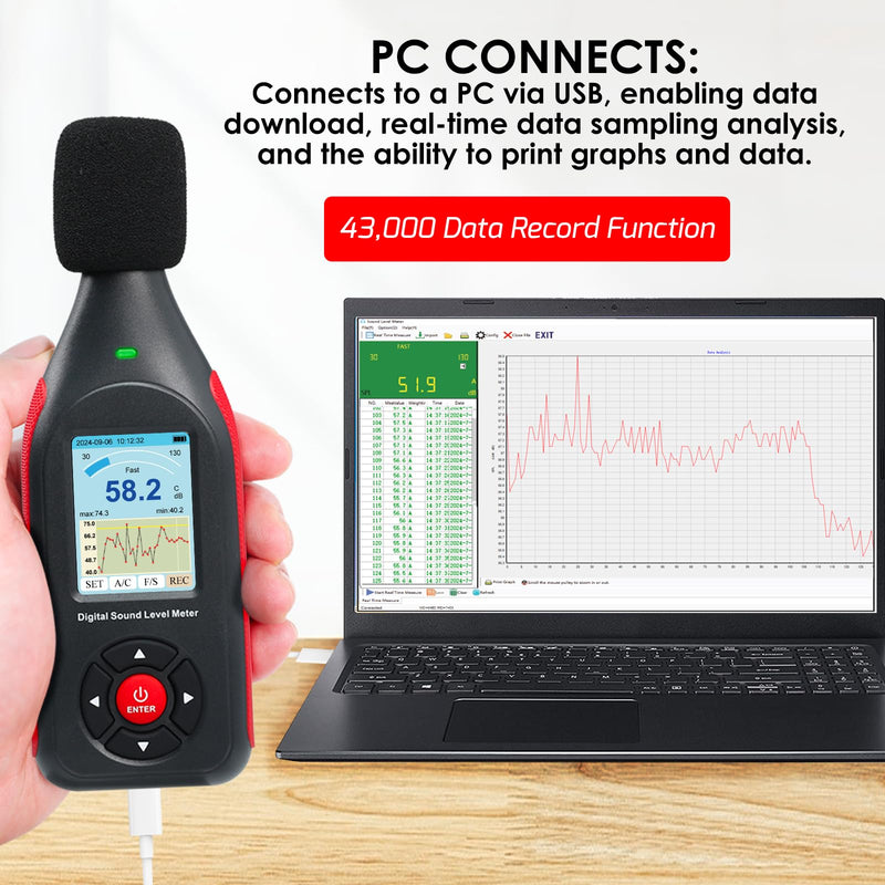 [Australia - AusPower] - Dezibel Meter Data Logger Sound Level Meter with 43,000 Records Visual Alarm, A/C Frequency and DC Output Digital Sound Level Meter for Home, Factory, Classroom etc Lcd Graphic Display 