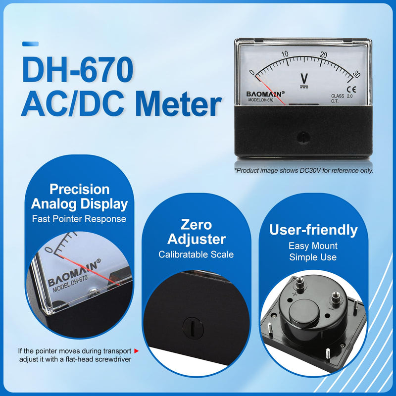 [Australia - AusPower] - Baomain Voltmeter DH-670 DC 0-50V Rectangular Class 2.0 Analog Panel Volt Voltage Meter 