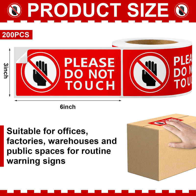 200 Pcs Please Do Not Touch Warning Stickers Tape, 3" x 6" Please Don't Touch Sign Removable Waterproof Self-adhesive Vinyl Decal for Display Items, Personal Items, Business and Facilities