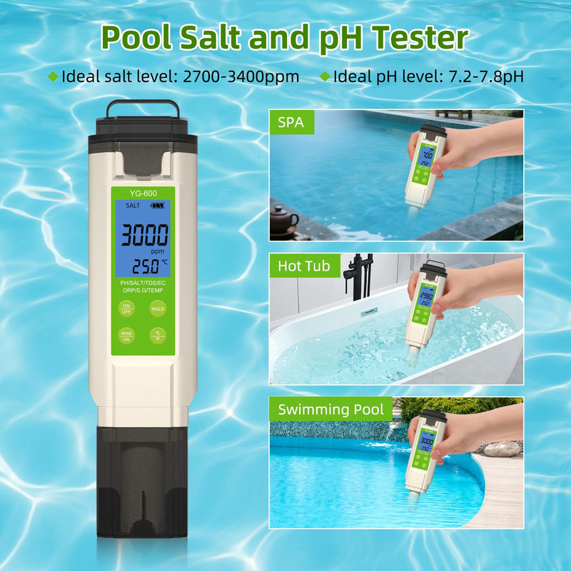 [Australia - AusPower] - 7 in 1 Pool Salt Tester, Digital Salinity & pH ORP Meter for Saltwater Pools, Hot Tubs, Spas, Aquariums, Sodium Chloride Water Quality Monitor 