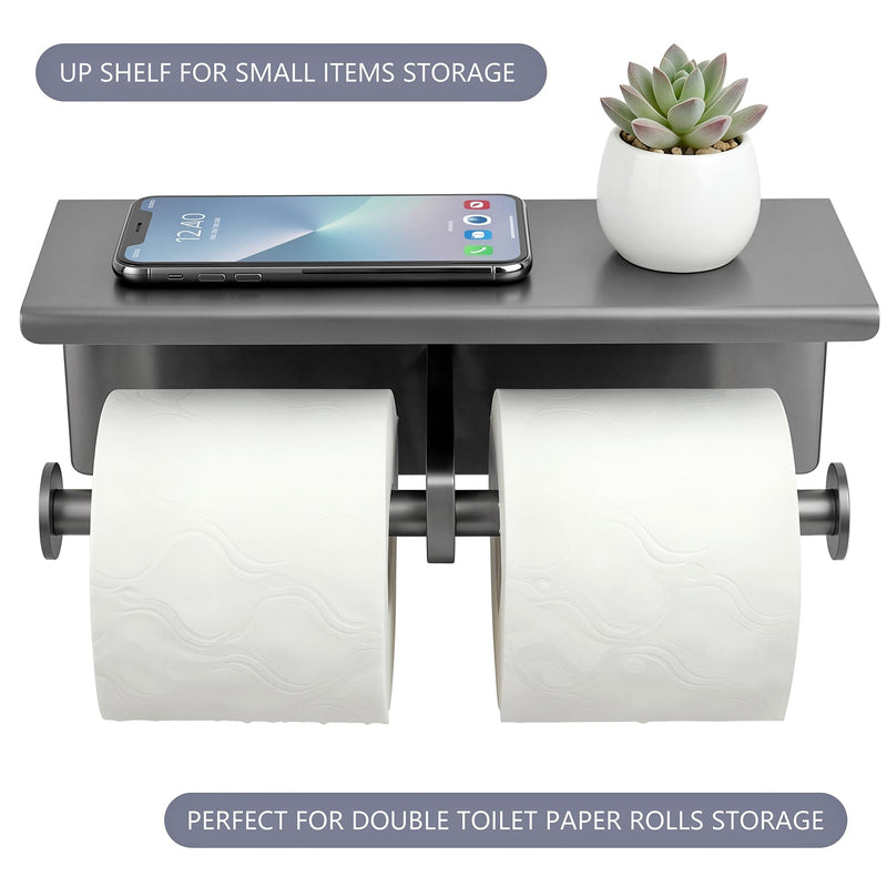 Double Toilet Paper Holder with Phone Storage Shelf Grey | Stainless Steel Tissue Roll Rack Large without Cover