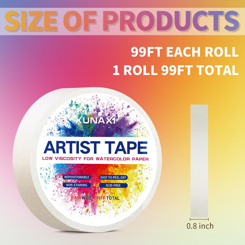 1 Pack Art Tape, Artist Tape for Watercolor Paper Low Tack White Painters Tape for Drafting Art Painting Canvas Framing Acid Free Masking Tape-0.8IN Wide 99FT Long Total 0.8inch 1