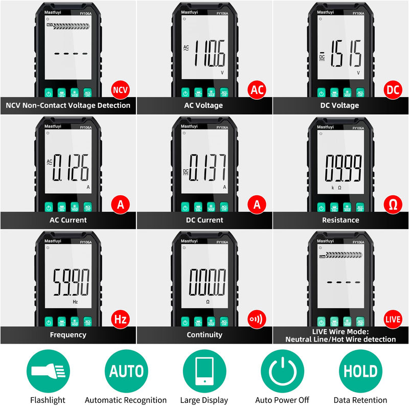 [Australia - AusPower] - Multimeter Digital, Multi Tester NCV, Compact Intelligent Electrical Tester, Auto-Ranging, Overload Protection, True RMS 4000, Backlit LCD, AC/DC Current/Voltage, Continuity, Frequency [ FY106A ] 
