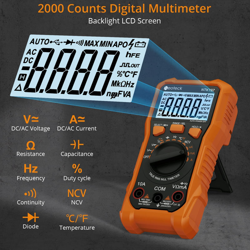 [Australia - AusPower] - Neoteck 2000 Counts Digital Multimeter Voltmeter Tester with NCV, LCD for AC/DC Voltage&Current, Resistance, Capacitance, Live Wire, Frequency, Temperature, Duty Cycle, Continuity, Diode Measuring 