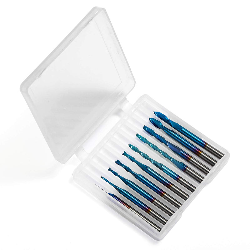 Genmitsu 10pcs 2-Flute Nano Blue Coat Flat Nose Spiral End Mill, 1/8'' Shank, 1.0mm-3.175mm Cutting Diameter, CNC Router Bits for Wood Working Acrylic MDF PVC ABS, FN10A
