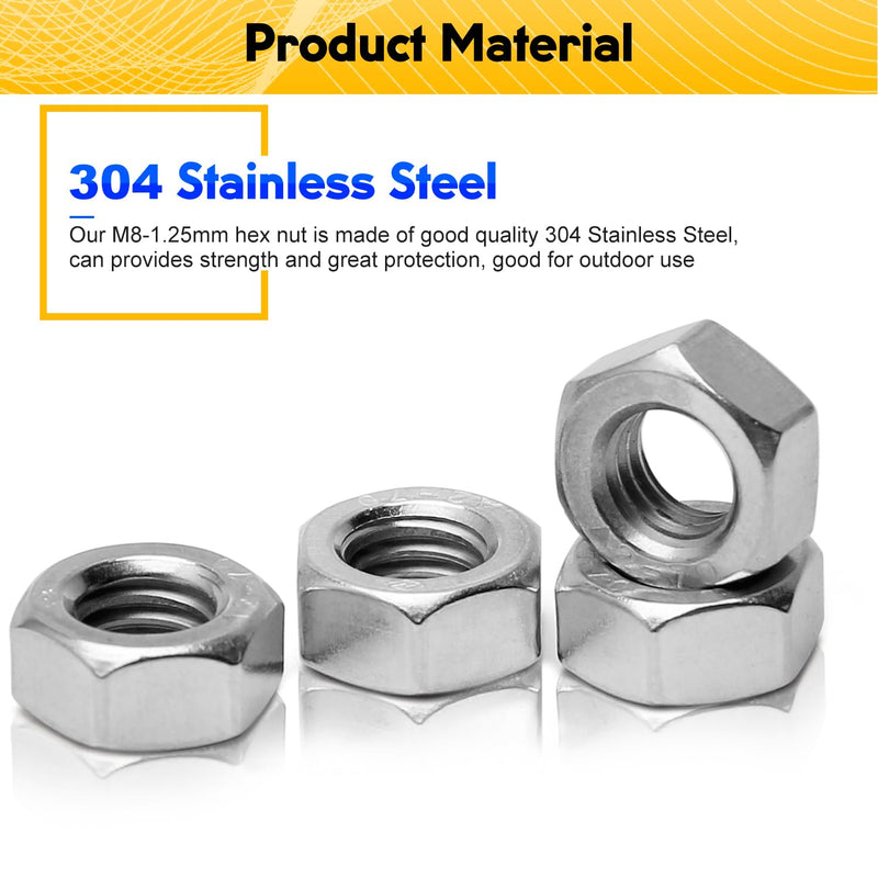 [Australia - AusPower] - M8-1.25 Hex Nuts, 304 Stainless Steel, M8 x 1.25mm Hex Drive, Metric Nuts Fasteners, 13mm/0.5" Width, 6.5mm/0.25" Height, Heavy Duty Replacement Nut with Plastic Case for DIY Home Mechanism 20 Pack M8-1.25 20pcs 