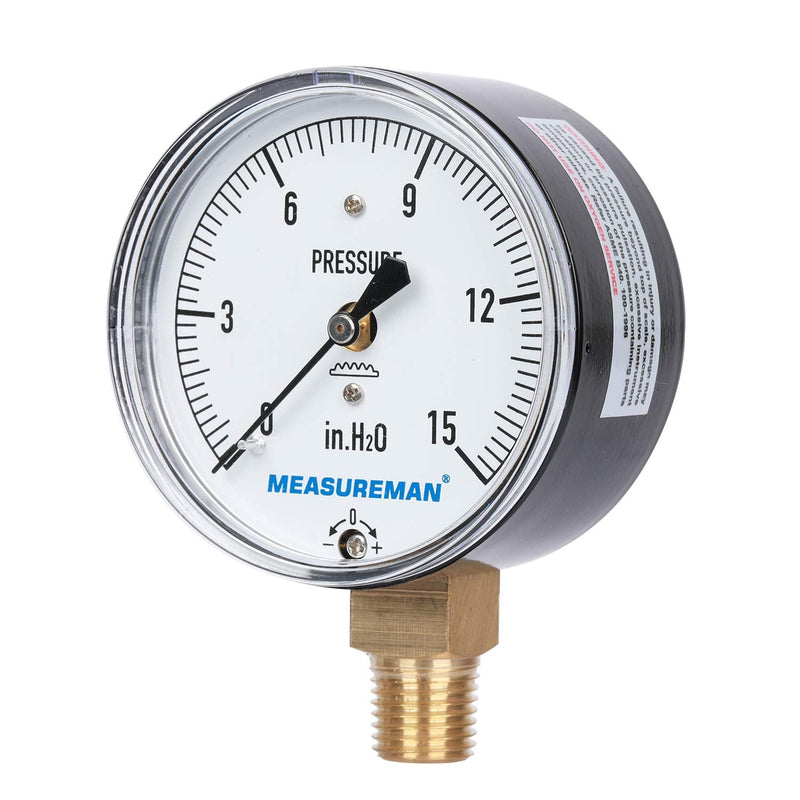 [Australia - AusPower] - MEASUREMAN Diaphragm Type Capsule Low Pressure Gauge, 2-1/2" Dial, 1/4"NPT Lower Mount, Adjustable, 0-15 in H2O(Inches of Water) 