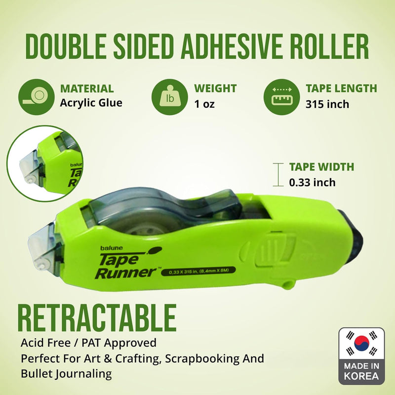 TAPE RUNNER - Double Sided Adhesive with Dispenser Roller Included - Acid Free, Sticky, Transparent - Ideal for Scrapbooking, Crafts & More - Retractable (315 inches per Cartridge), 5 Cartridges Retractable (315 inches per cartridge)
