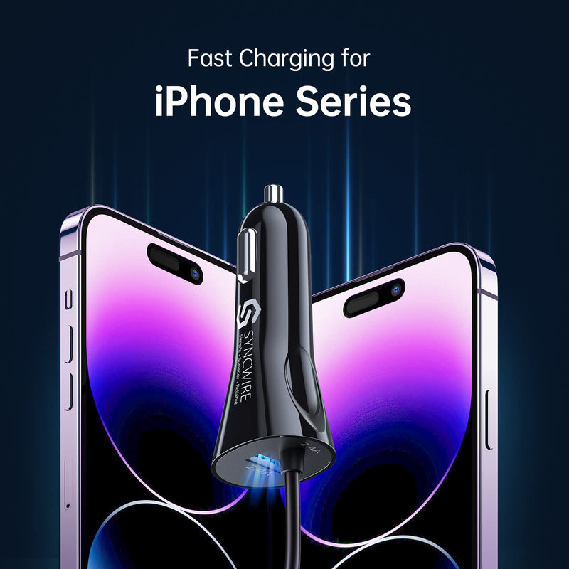 [Australia - AusPower] - Syncwire iPhone Car Charger - Upgrade [Apple MFi Certified] 4.8A/24W Car Charging Adapter with Built-in Coiled Lightning Cable for Apple iPhone 14/13/12/11/Xs/XS Max/XR/X/8/7/6 Plus, iPad & More 5FT 