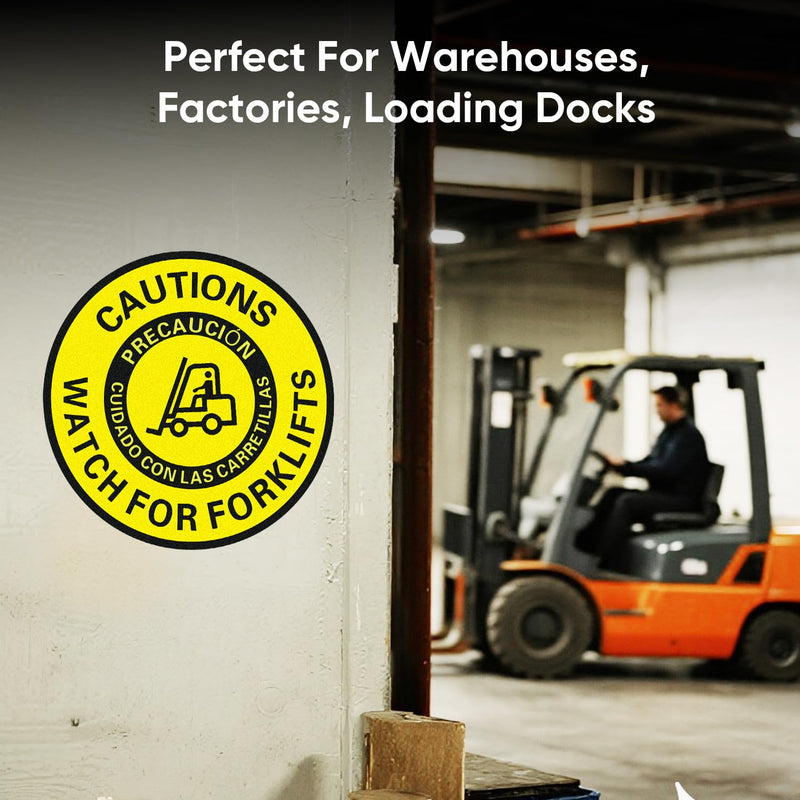 Caution Watch for Forklift Floor Sign – 5 Pack 16 Inch Round Vinyl Decals, Bilingual English/Spanish, Anti-Slip, Removable, Waterproof, UV Protected, High Visibility Safety Sticker for Warehouse, Work Site, Office, Factory