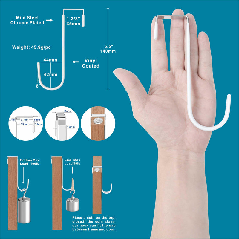 [Australia - AusPower] - Over the Door Hooks 5.5" 4Pcs for 1 3/8" Door White Plastic Coating Wreath Door Hanger Hook for Hanging Ironing Board Towel Rack Bathroom Closet Cabinet Clothes Coat Holder Single Heavy Duty BB:4, 5.5"White for 1 3/8" Door 