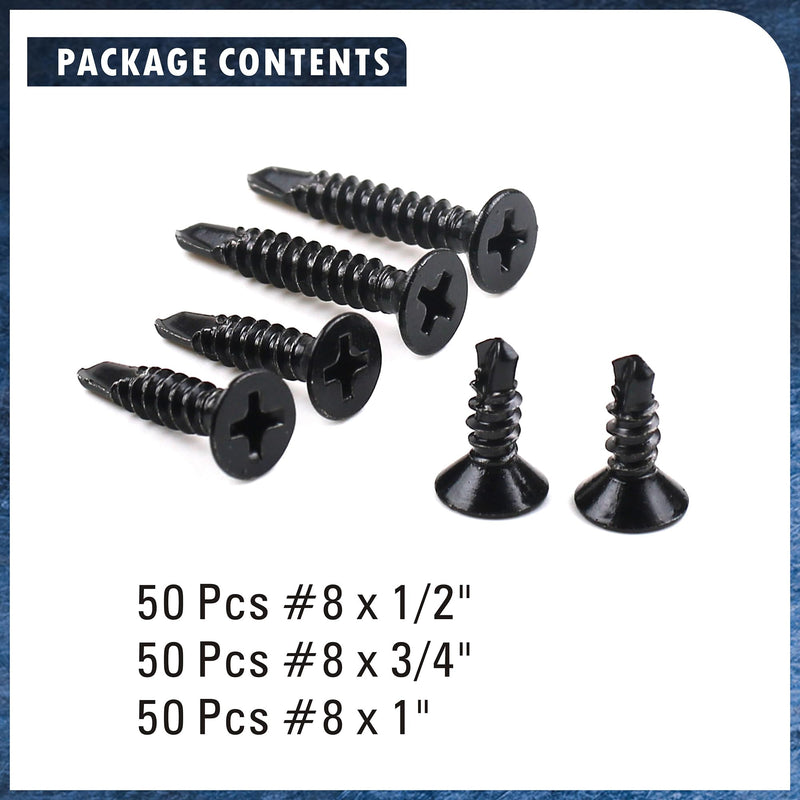 [Australia - AusPower] - 410 Stainless Steel #8 Self Drilling TEK Screw Assortment Kit, Flat Head Self Tapping Sheet Metal Screws, Length 1/2" 3/4" 1" 150 PCS - Black Oxide #8 Flat Head 