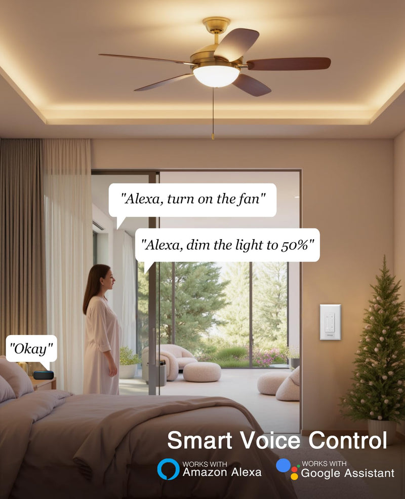 [Australia - AusPower] - GHome Smart Dimmer Switch with 4-Speed Ceiling Fan Control, Ceiling Fan and Light Switch Combo with Dimmer Compatible with Alexa and Google Assistant, 2.4Ghz Only, Single-Pole, UL Certified 1 Pack 