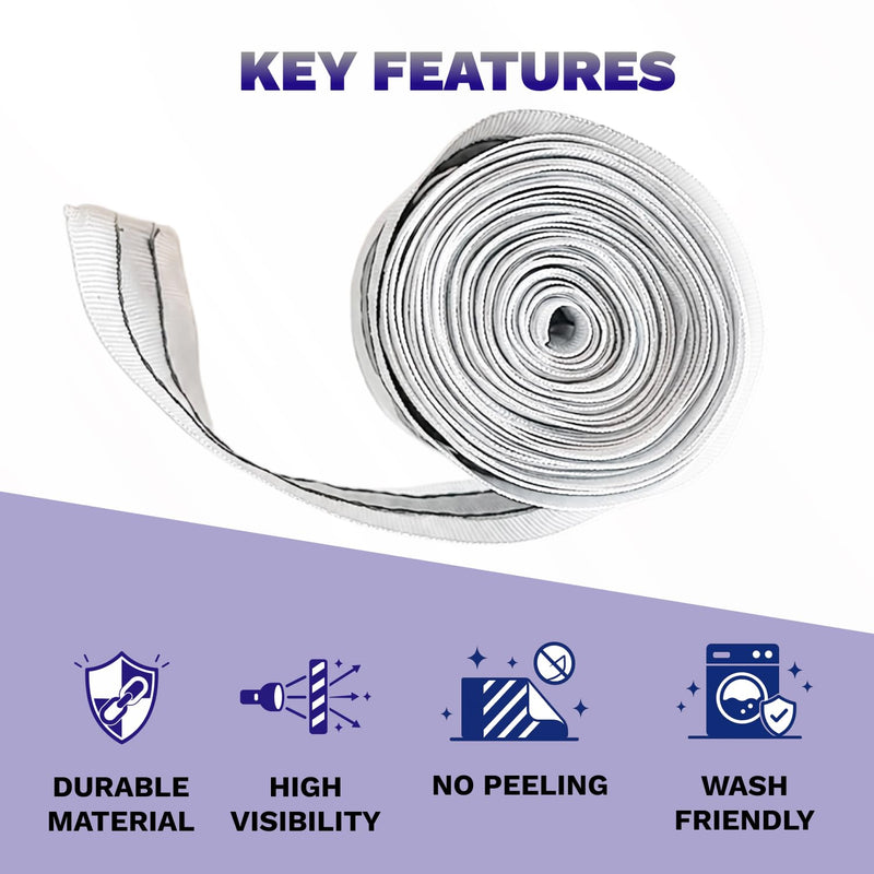Reflective Tape for Clothing White 2'' x 16 ft High Visibility Sew On Safety Fabric Material Silver Warning Fluorescent Ribbon Ideal for Belt Jacket Pants Shoes Bags Clothes Raincoats Decor DIY