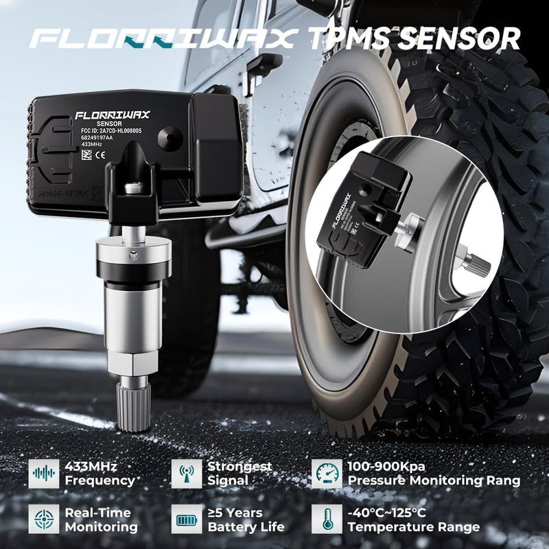TPMS Sensor,Set of 4 433Mhz Tire Pressure Sensor Compatible with Dodge Ram 1500 2500 3500 4000, Jeep Cherokee Replaces#68249197AA,68324960AA,68378369AB,68455823AB