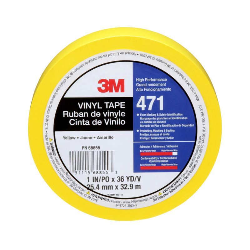 3M Vinyl Tape 471, 1 in x 36 yd, Yellow, 1 Roll, Yellow Floor Tape, Paint Alternative for Floor Marking, Social Distancing, Color Coding, Safety Marking