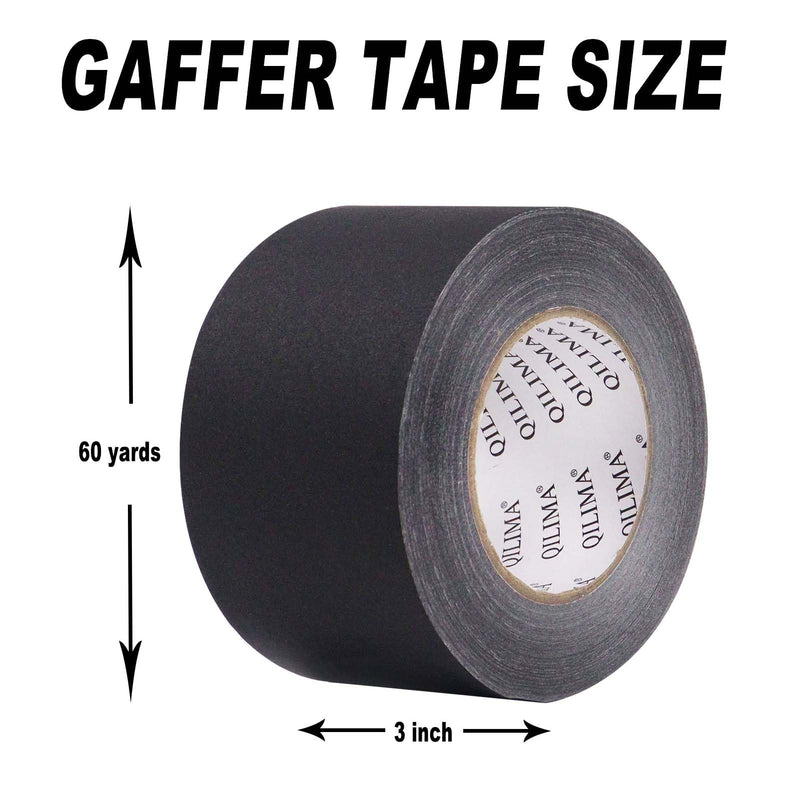 QILIMA Black Gaffers Tape - 3 Inch x 60 Yards, Professional Grade for Electrical Cords & Cable Tape, Non Reflective Matte Finish