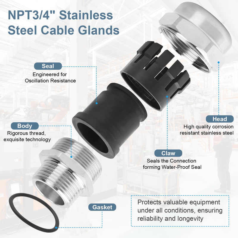 [Australia - AusPower] - NPT 3/4" Stainless Steel Waterproof Cable Gland IP68 Waterproof Cable Gland Adjustable 13-18mm Cable Gland Protectors - 2 Pcs NPT 3/4" 
