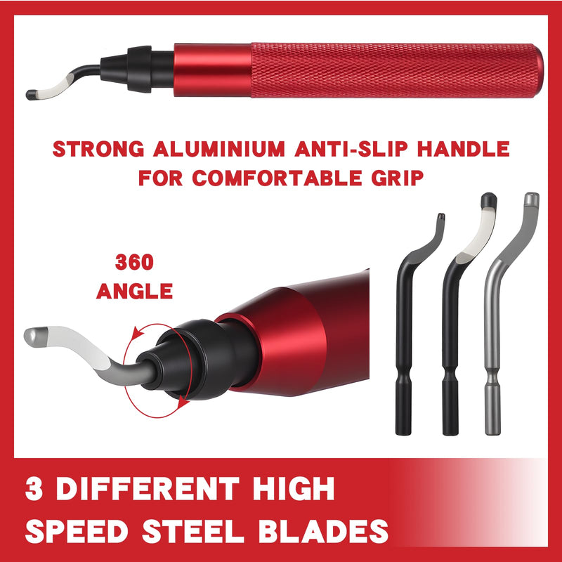 [Australia - AusPower] - 3 Pcs Hand Deburring Tool Kit 2 Countersink Hand Reamer and 1 Deburring Tool with 15 Extra High Speed Steel Swivel Blade for Metal, Resin, Aluminum, Copper, Plastic, 3D Printing, Wood(Red) Red 