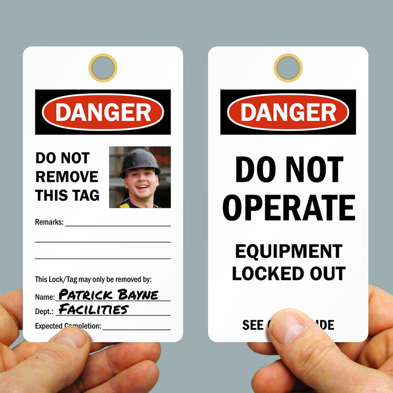 SmartSign Do Not Operate - Equipment Locked Out 2 - Sided Photo Lockout Tag | 6" x 3.25" Vinyl with Self-Laminating Clear Flap, Pack of 25