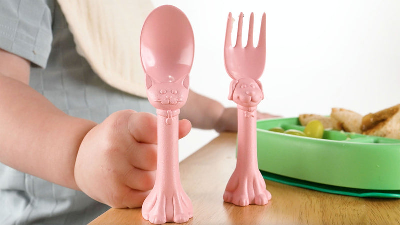 Kids Silverware Set, 6-Piece Toddler Forks and Spoons, Made in USA, Self-Standing Cat and Dog Handles, BPA-Free Recycled Plastic, Pink Blue Yellow Pink, Blue, Yellow