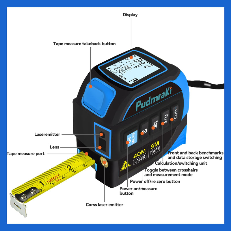 [Australia - AusPower] - 4-in-1 Laser Tape Measure 131Ft, Laser Crosshairs, 16ft Auto-Locking Tape, Digital Measurement Level, Backlit LCD Screen, Feet/Inches/Meters Unit Switching 